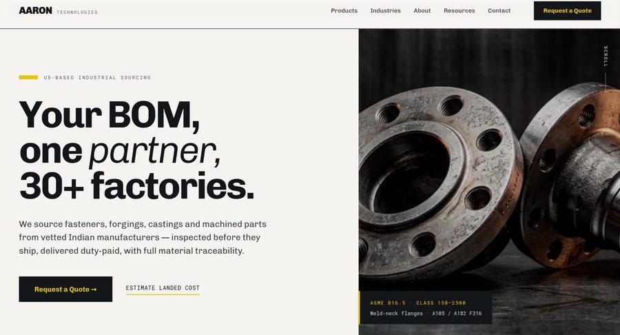 The Aaron Technologies homepage: an industrial sourcing site headlined "Your BOM, one partner, 30+ factories".